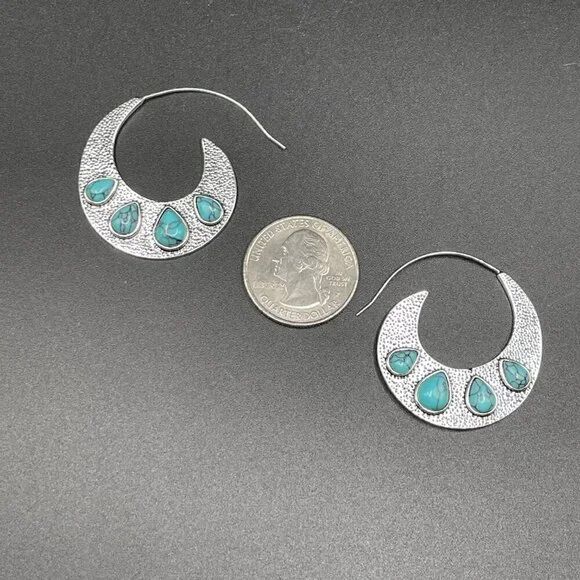 Medium Silver Tone Feather Spiral Earrings in Turquoise Blue #1320 - Picture 9 of 12